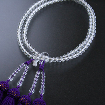 「本水晶(クオーツ)108玉：正絹頭房/紫色」　女性用二連数珠